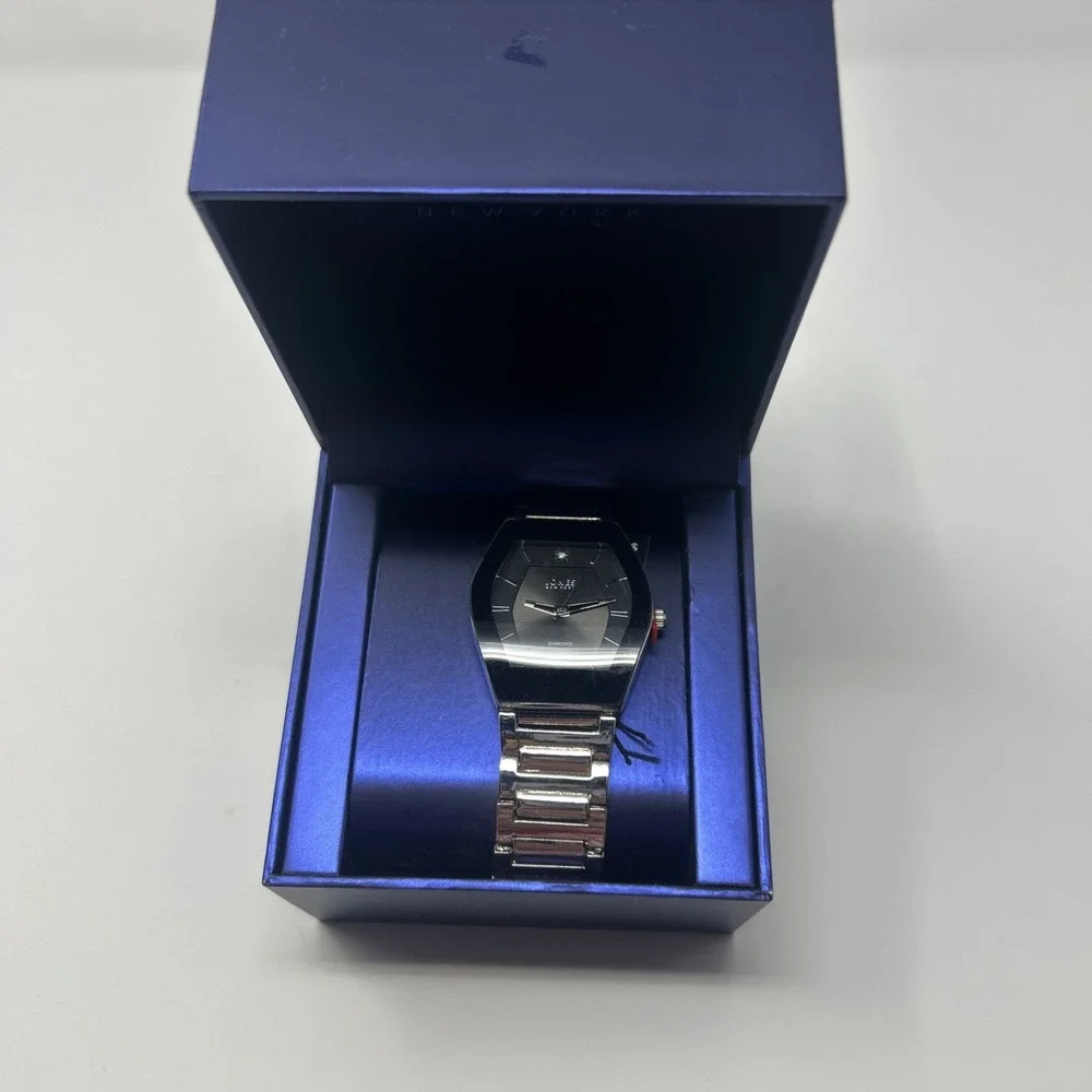 NIB Jones New York Diamond Men's Watch Silver Tone Black Face
